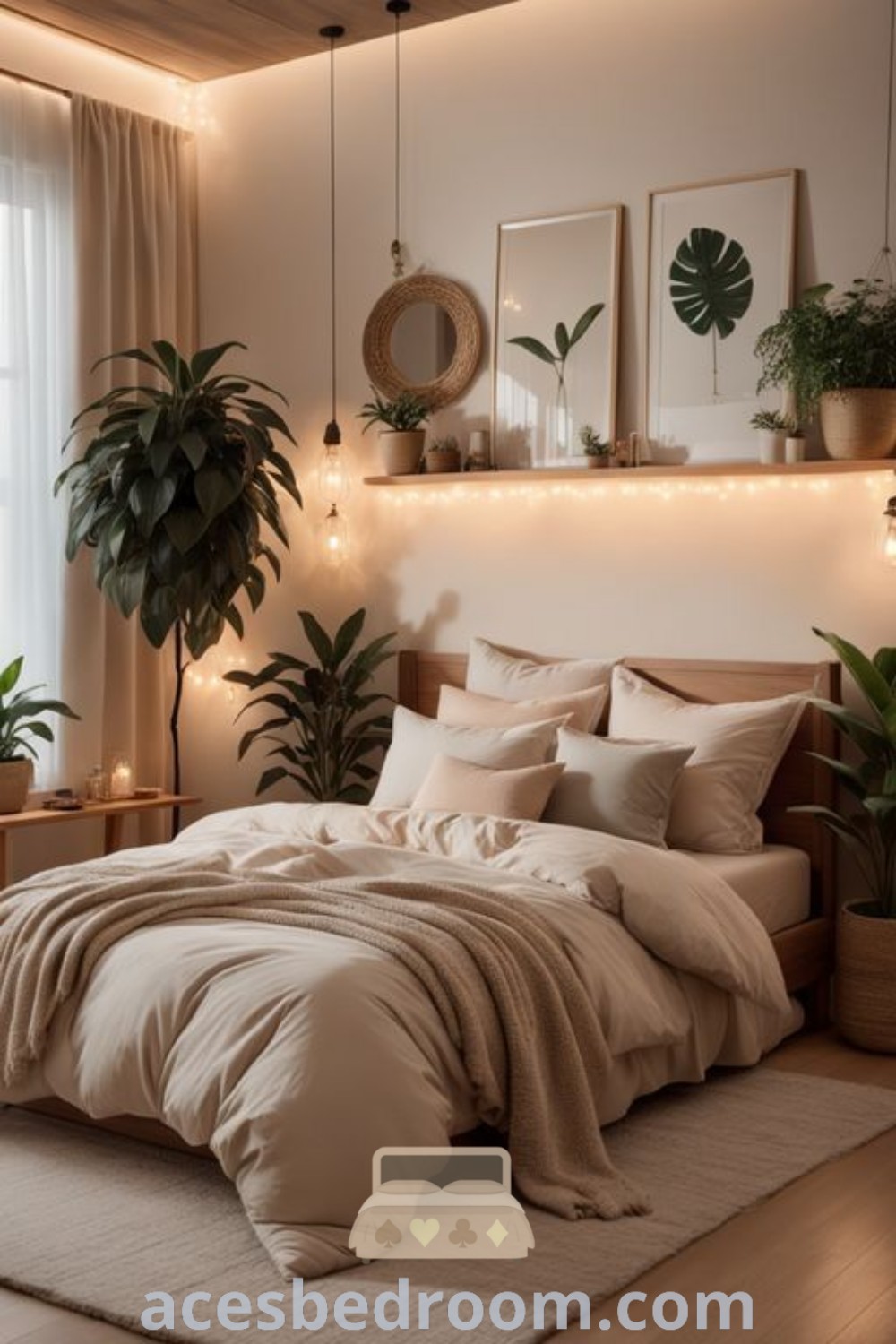A cozy bedroom with a large bed next to a window and potted plants, showcasing stylish decor ideas and creating a warm ambiance. This design reflects cozy aesthetics while offering inspiring ideas for making your haven, as featured on acesbedroom.com.