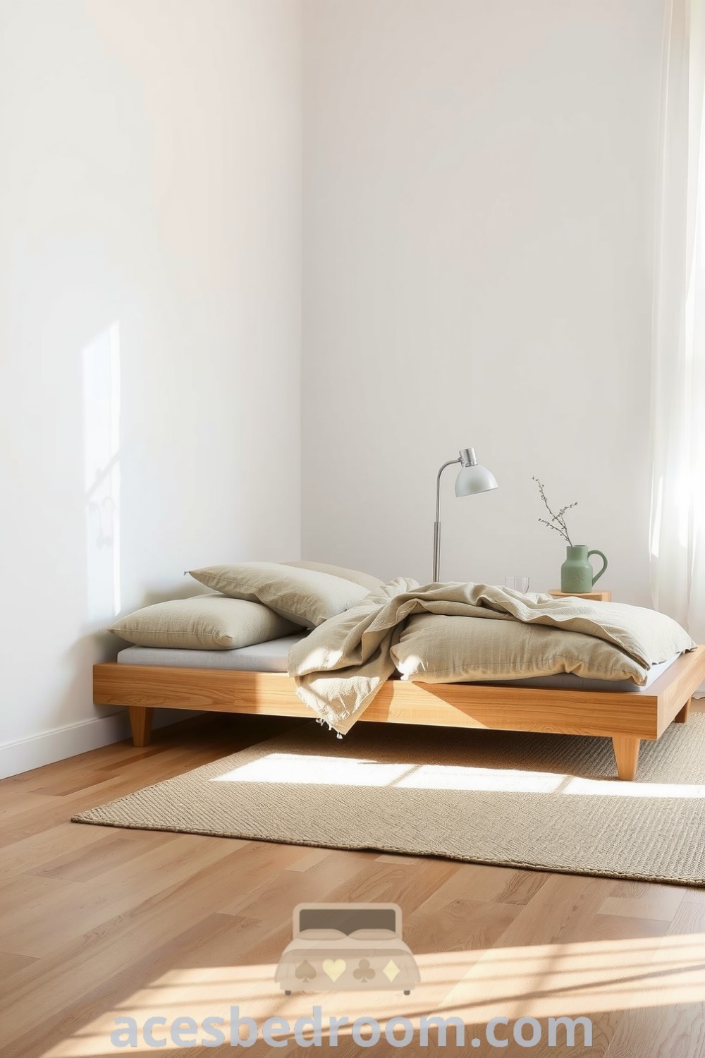 Cozy Japandi bedroom featuring soft white walls, low wooden bed frame, earthy textured linens, woven rug, sheer curtains, and a ceramic vase, showcasing tranquil and stylish decor ideas for a warm and sophisticated look, available on acesbedroom.com.