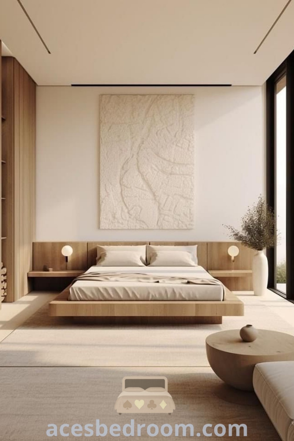 A resort-inspired bedroom showcasing a large bed next to a wall-mounted painting, embodying a modern cozy aesthetic with neutral grey and Japandi design elements. Discover inspiring decor ideas and stylish designs to create your own cozy haven at acesbedroom.com.