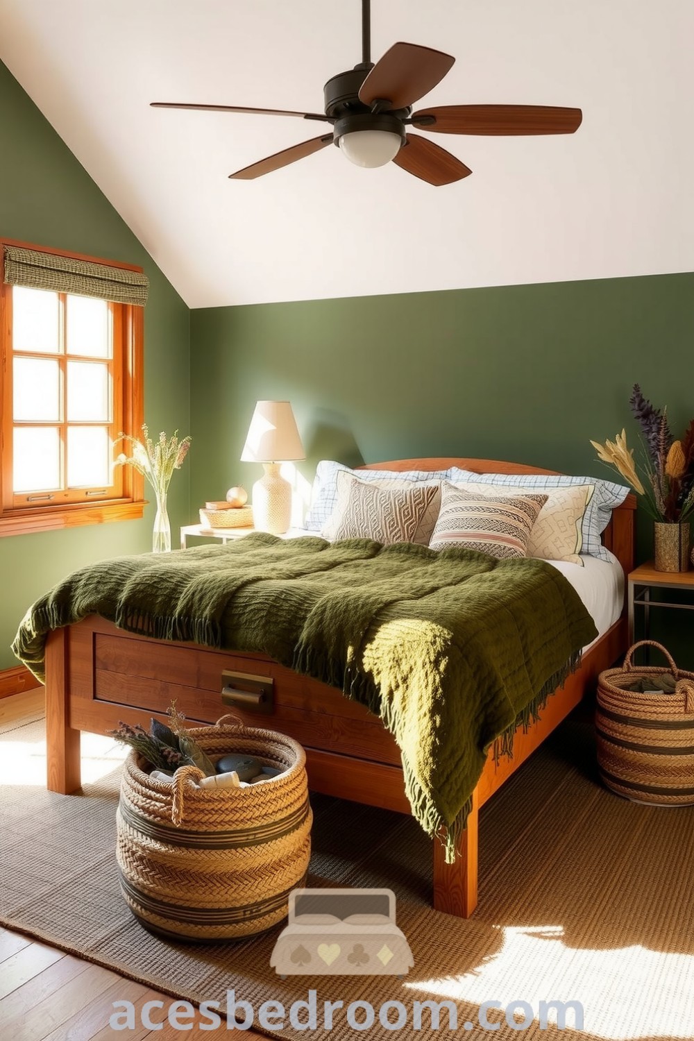 Cozy nature-inspired bedroom featuring soft green walls, a handcrafted wooden bed, a plush mossy wool blanket, handwoven baskets with dried flowers, and large windows, ideal for creating a tranquil and earthy space, showcased on acesbedroom.com.