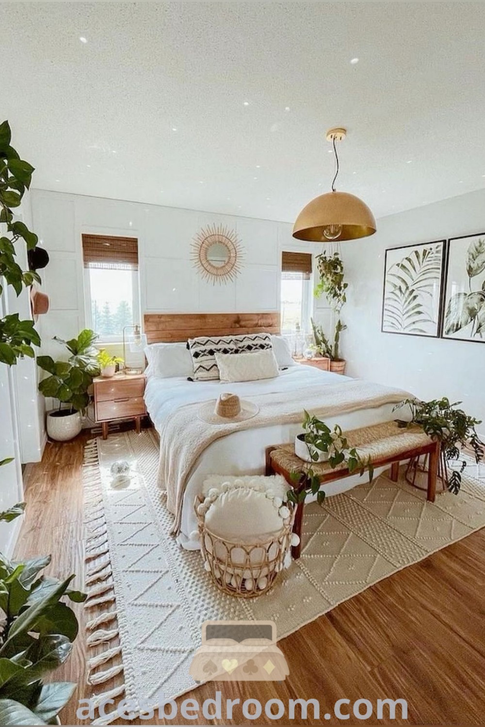 A cozy bedroom with white walls, wooden floors, and an abundance of greenery on the bed, reflecting a Bohemian Modern Farmhouse style. This scene showcases trendy decor ideas and inspirations for creating a stylish and inviting haven. Discover more cozy ideas for your home at acesbedroom.com.