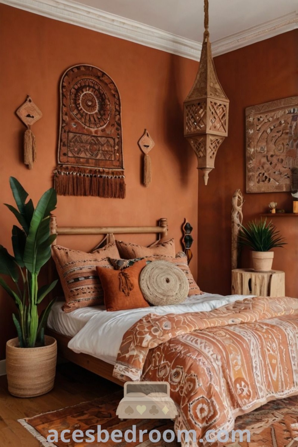 A cozy bedroom with a rust orange wall and a large bed, featuring a potted plant next to it, perfect for a warm and sophisticated look. This Indonesian bedroom offers unique decor ideas that inspire comfort and style, showcasing the cozy aesthetic that you’ll love. Discover more design inspirations at acesbedroom.com.