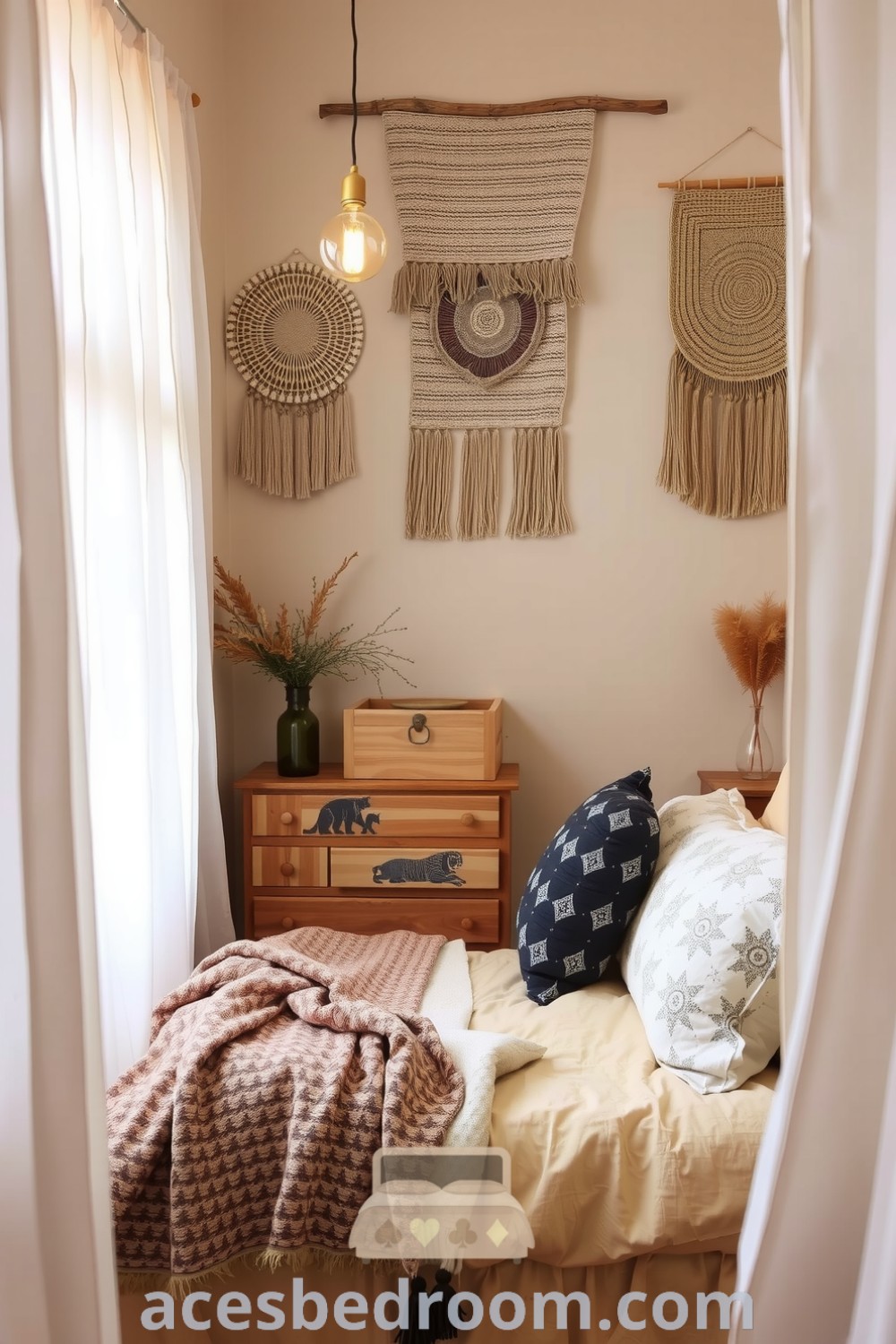 Cozy boho bedroom filled with soft beige tones, textured wall hangings, oversized bed with patterned throws and cushions, natural wooden elements, and filament bulb lighting for a warm and inviting atmosphere, showcasing unique ideas for your home on acesbedroom.com.