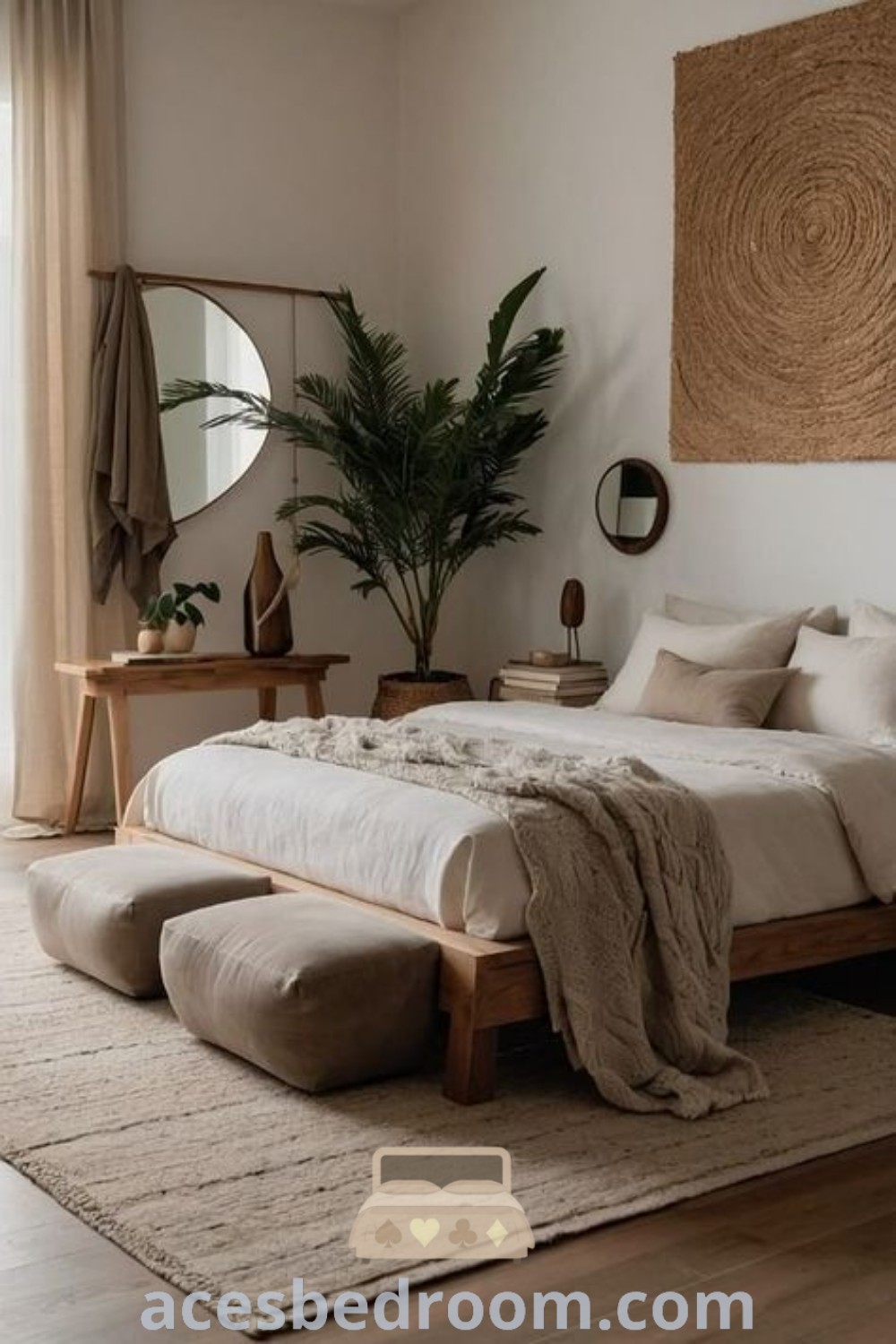 A Japandi-style bedroom featuring a cozy bed, mirror, and a plant beside a window, creating an inviting and calming atmosphere. This beautiful bedroom idea showcases unique design elements for a warm, sophisticated look, offering decor inspirations and trends that can enhance your cozy home at acesbedroom.com.