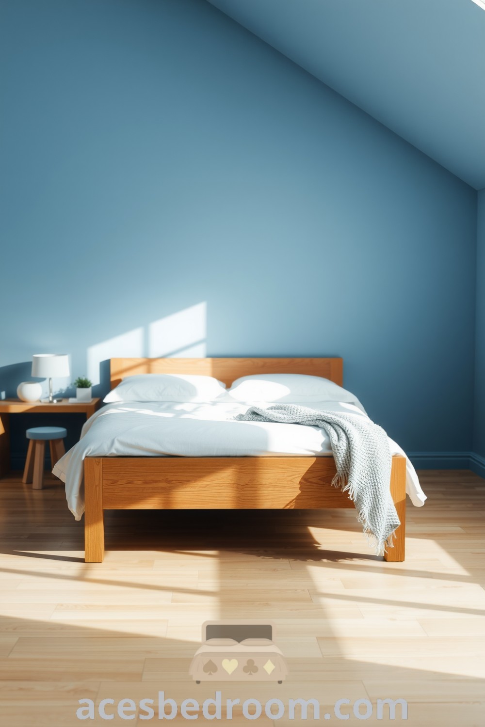 Cozy blue bedroom with soft walls, a weathered wooden bed, crisp white linens, a knitted throw, and minimalist decor including a plant and lamp, creating a serene atmosphere, featuring design ideas for a cozy home showcased on acesbedroom.com.