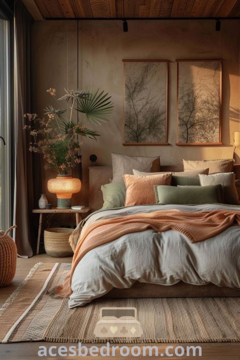 A cozy bedroom featuring a large bed with pillows and ample natural light from the window, designed in earth tone colors for a warm and sophisticated look. This space offers inspiring decor ideas and trends for a natural boho bedroom, ideal for creating a calming environment. For more styles, visit acesbedroom.com.