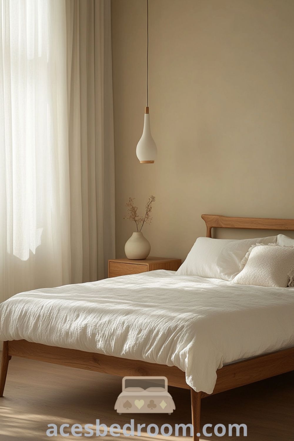 Serene Minimalist Bedroom on acesbedroom.com featuring a soothing neutral palette, soft textures, minimalist furniture, and calming design elements for a relaxing space.