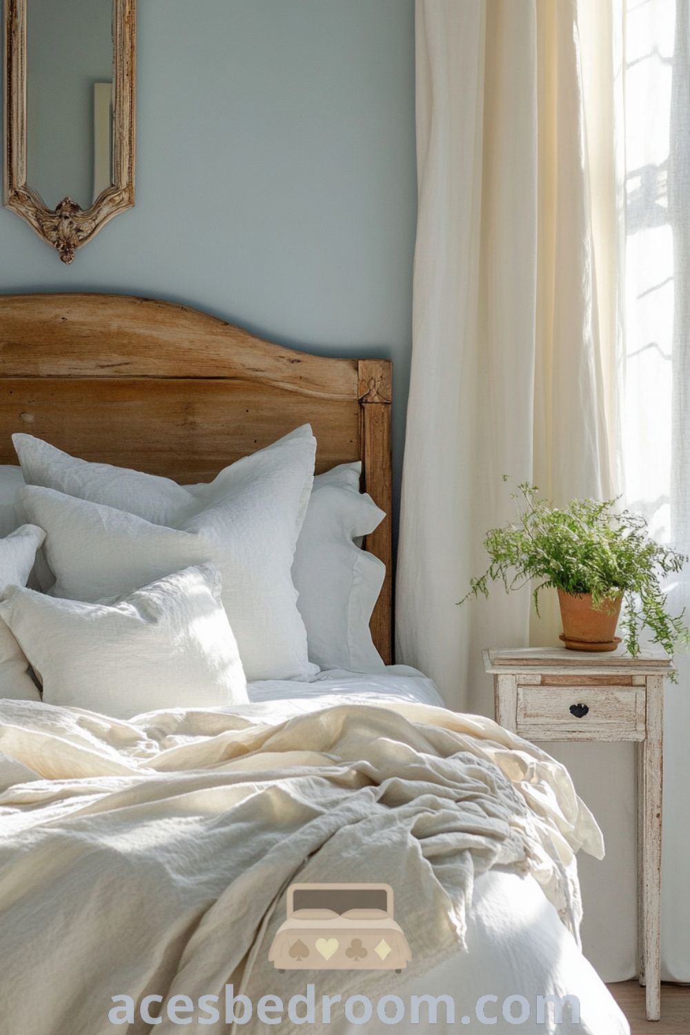 Cozy French Country Bedroom on acesbedroom.com showcasing soft blue walls, cozy home design ideas, and unique decor inspirations for a warm and sophisticated look.