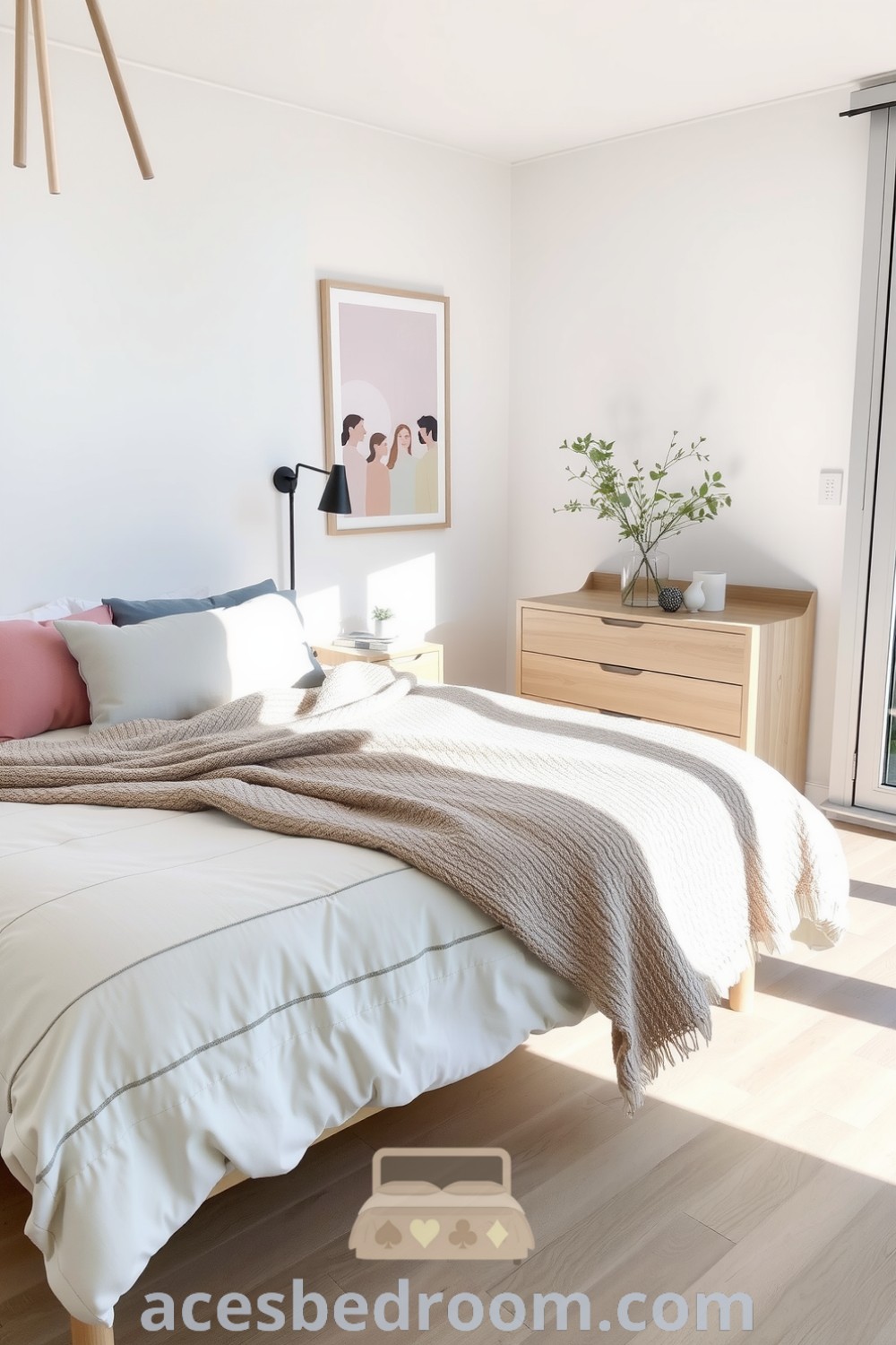 Cozy Scandinavian bedroom with light wooden floors, white walls, textured knit blanket, pastel pillows, and minimalist oak furniture, illuminated by natural light, providing a serene and calming retreat, featured on acesbedroom.com.
