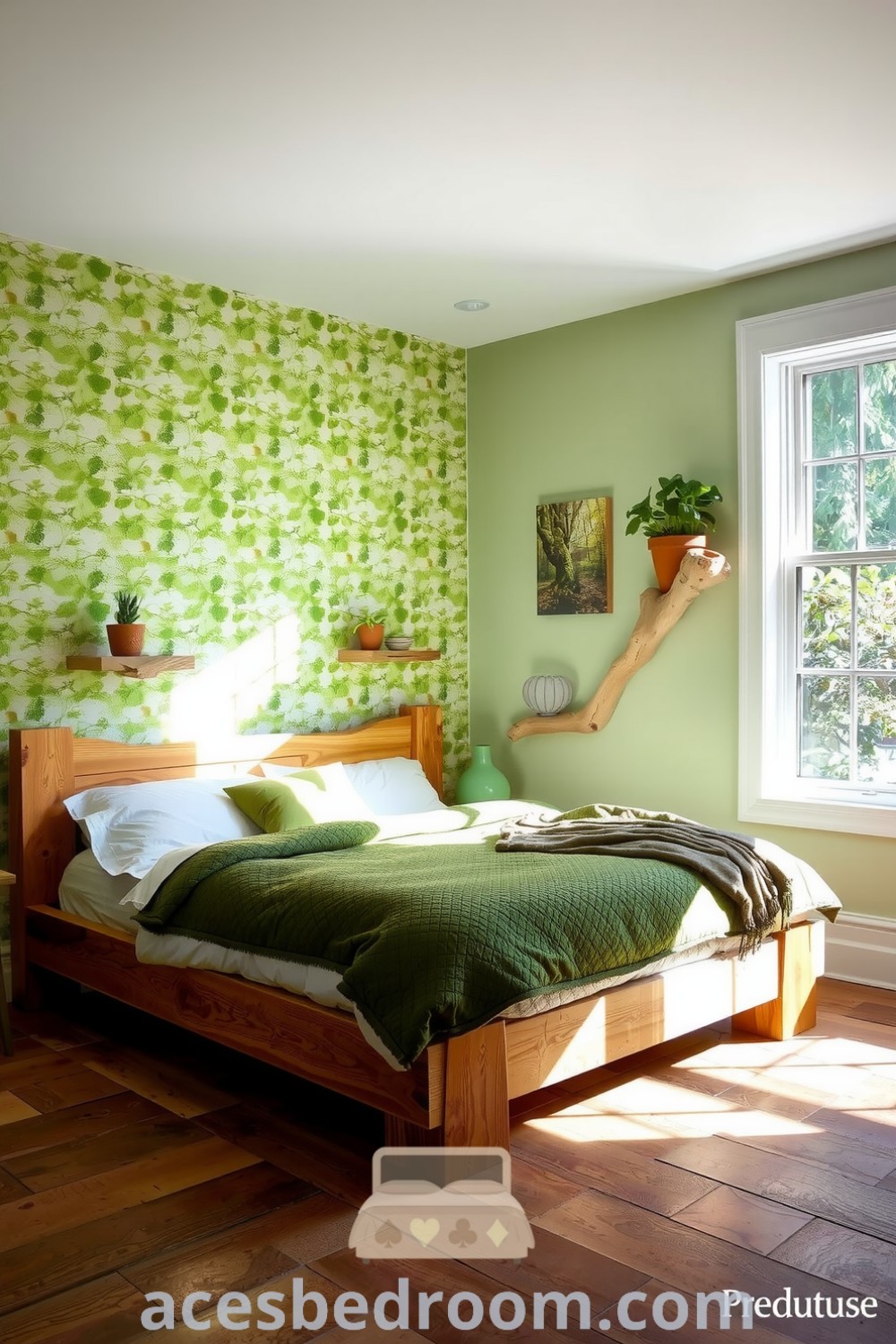 Cozy nature-inspired bedroom featuring soft green tones, leafy wallpaper, a reclaimed timber bed, a moss-colored quilt, and driftwood shelves with potted plants, designed for a warm and sophisticated look and showcased on acesbedroom.com.