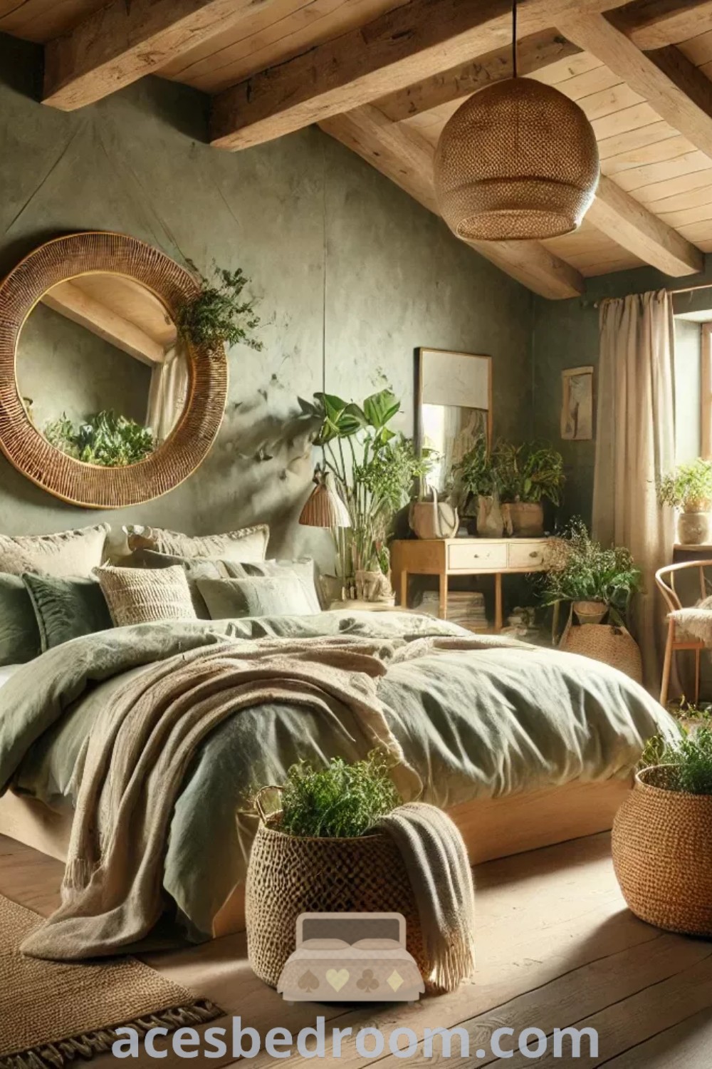 A cozy bedroom with Safari Green walls, plants in baskets, and a stylish bed, offering inspiring design ideas for a warm and sophisticated look. This natural bedroom design showcases trendy decor inspirations, ideal for creating a tranquil space. Discover more ideas for your home at acesbedroom.com.