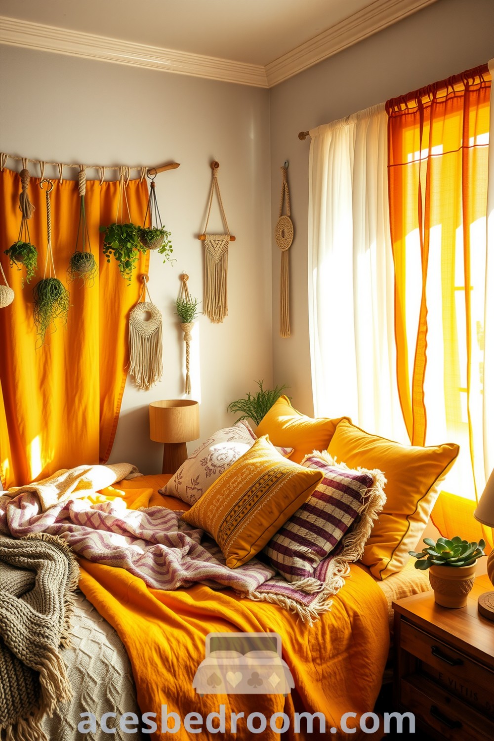 Cozy boho bedroom featuring warm yellow accents, layered textured fabrics, a wooden bed frame, hanging plants, and macramé wall hangings, creating a creative and inviting atmosphere, showcased on acesbedroom.com.