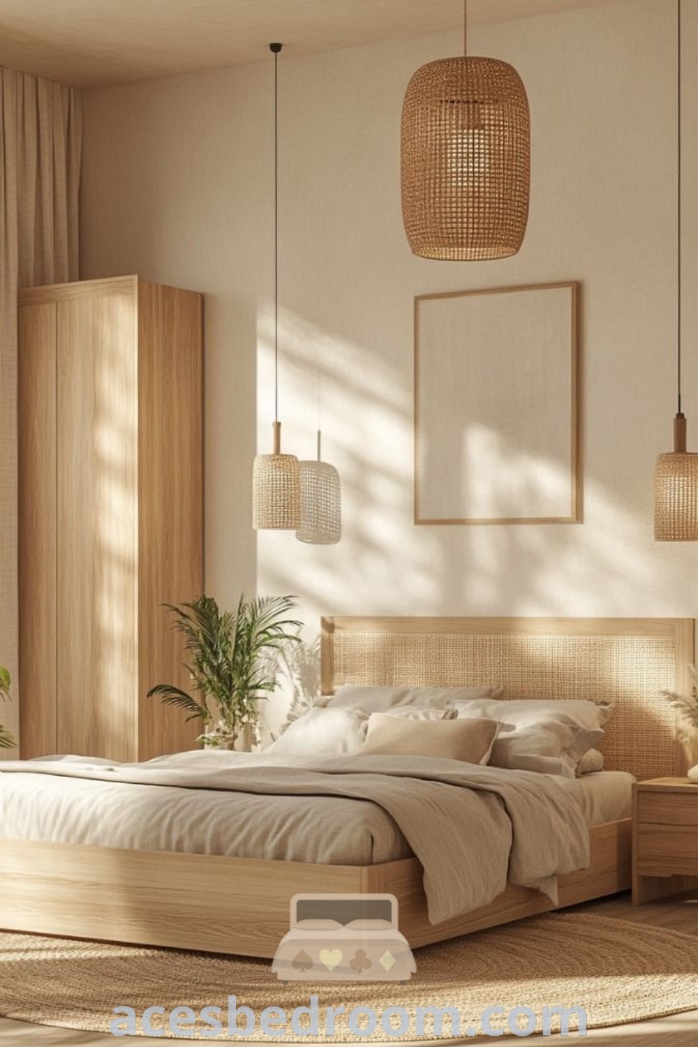 A Bali style bedroom showcasing a rattan bed next to a wooden dresser and lamp, with a neutral accent wall that enhances the cozy aesthetic. This inspiring space offers unique ideas for your home decor, highlighting designs that make your haven stylish and inviting. Explore more decor inspirations at acesbedroom.com.