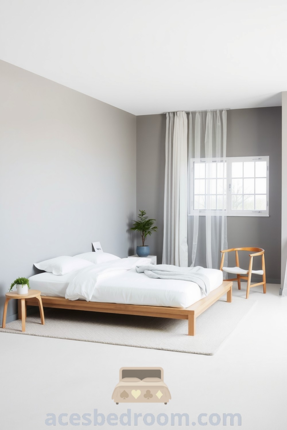 Cozy minimalist grey bedroom featuring a platform bed with white linens, textured wall, natural wood accents, a potted plant, and sheer curtains, promoting a serene and inviting atmosphere for your home, showcased on acesbedroom.com.