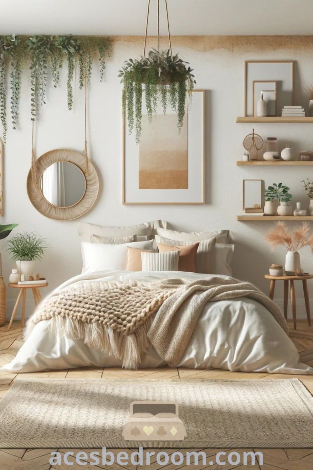 A cozy bedroom with white walls and wooden flooring, showcasing boho decor ideas and plants on shelves, perfect for a stylish and inviting aesthetic. Explore more about cozy ideas for your home at acesbedroom.com.