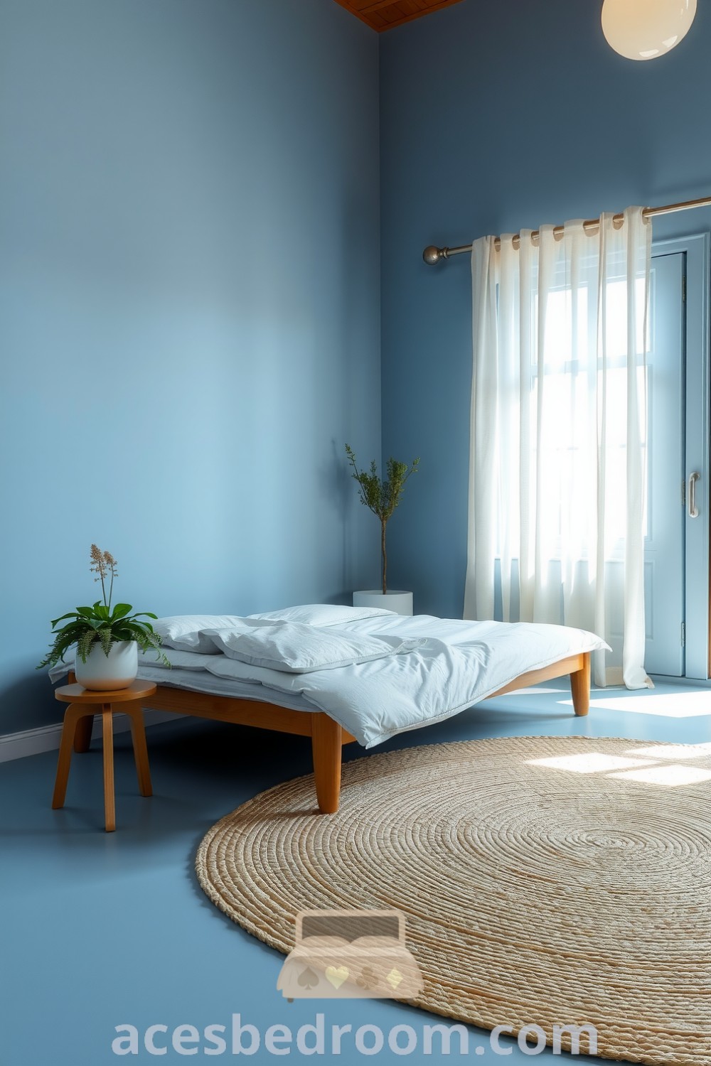 Cozy minimalist blue bedroom with soft blue walls, low-profile wooden bed with white duvet, woven jute rug, and sheer curtains for a calm and inviting atmosphere, presented on acesbedroom.com.
