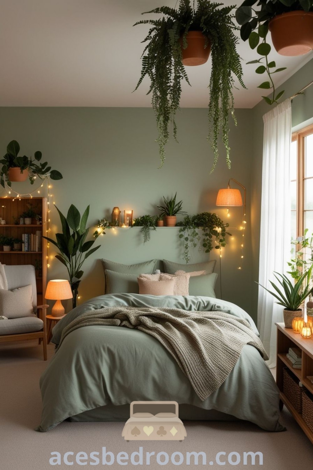 A peaceful green bedroom featuring soft green walls, hanging plants, and cozy bedding that exemplifies stylish decor ideas. This tranquil room focuses on a green theme with earth tones, offering inspiring design ideas for creating a calming and inviting space. Explore more at acesbedroom.com.