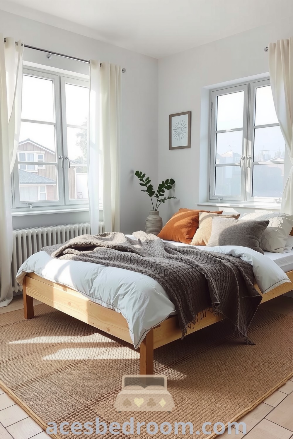 Cozy Scandinavian bedroom with soft grays and whites, featuring a light wood bed frame, earth-toned throw pillows, sheer curtains, and potted greenery, designed for a warm and sophisticated look, featured on acesbedroom.com.