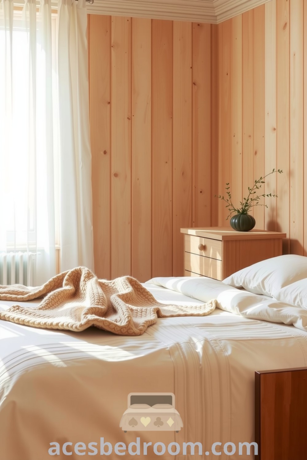 Cozy Scandinavian bedroom featuring light wood paneling, a comfy birch-framed bed with a knitted throw, sheer curtains, and a wooden dresser with greenery, creating a warm and inviting atmosphere, showcased on acesbedroom.com.