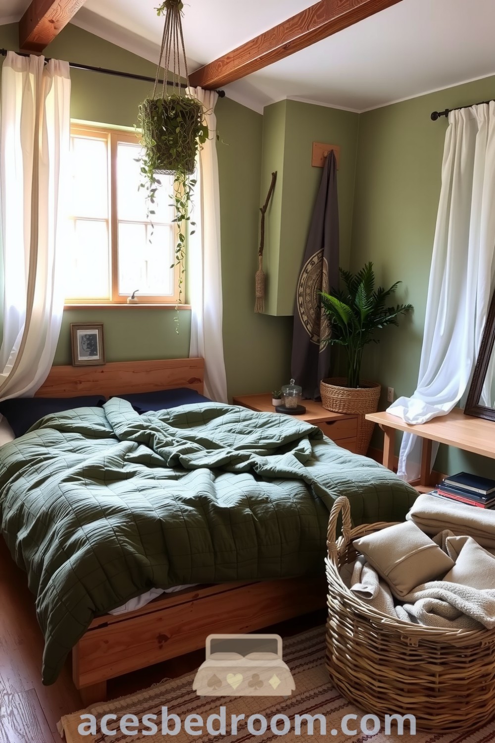 Cozy nature-inspired bedroom with soft green walls, reclaimed wooden furniture, cozy moss-colored quilt, hanging plants, and a woven basket filled with blankets, providing design ideas for a warm and sophisticated look, showcased on acesbedroom.com.