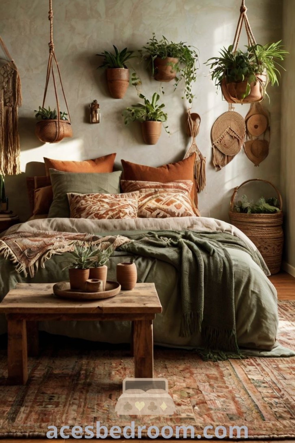 A boho earthy bedroom featuring green linens, potted plants on the wall, and vintage decor elements, creating a cozy and stylish atmosphere. Perfect for those seeking unique design ideas, this room provides inspiring decor inspirations for a warm and sophisticated look at acesbedroom.com.