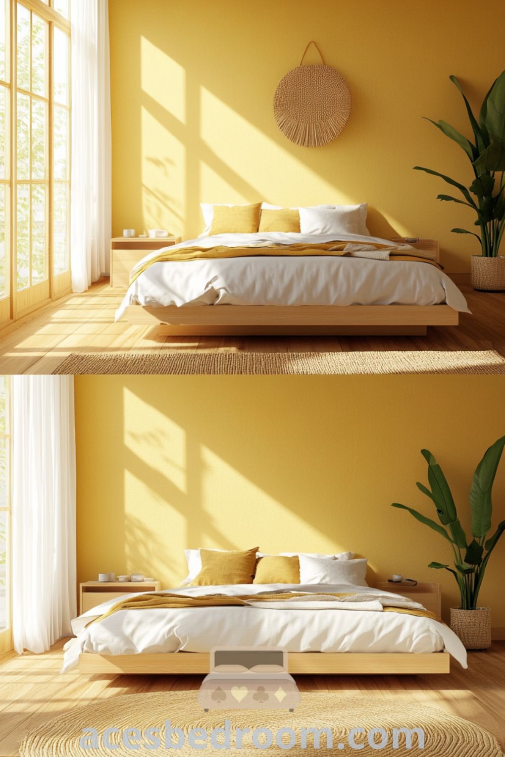 Cozy Scandinavian bedroom featuring soft yellow walls, a light oak bed with a white duvet and earth-toned pillows, large windows with light linen curtains, and a woven jute rug, creating an inviting and warm atmosphere, showcased on acesbedroom.com.