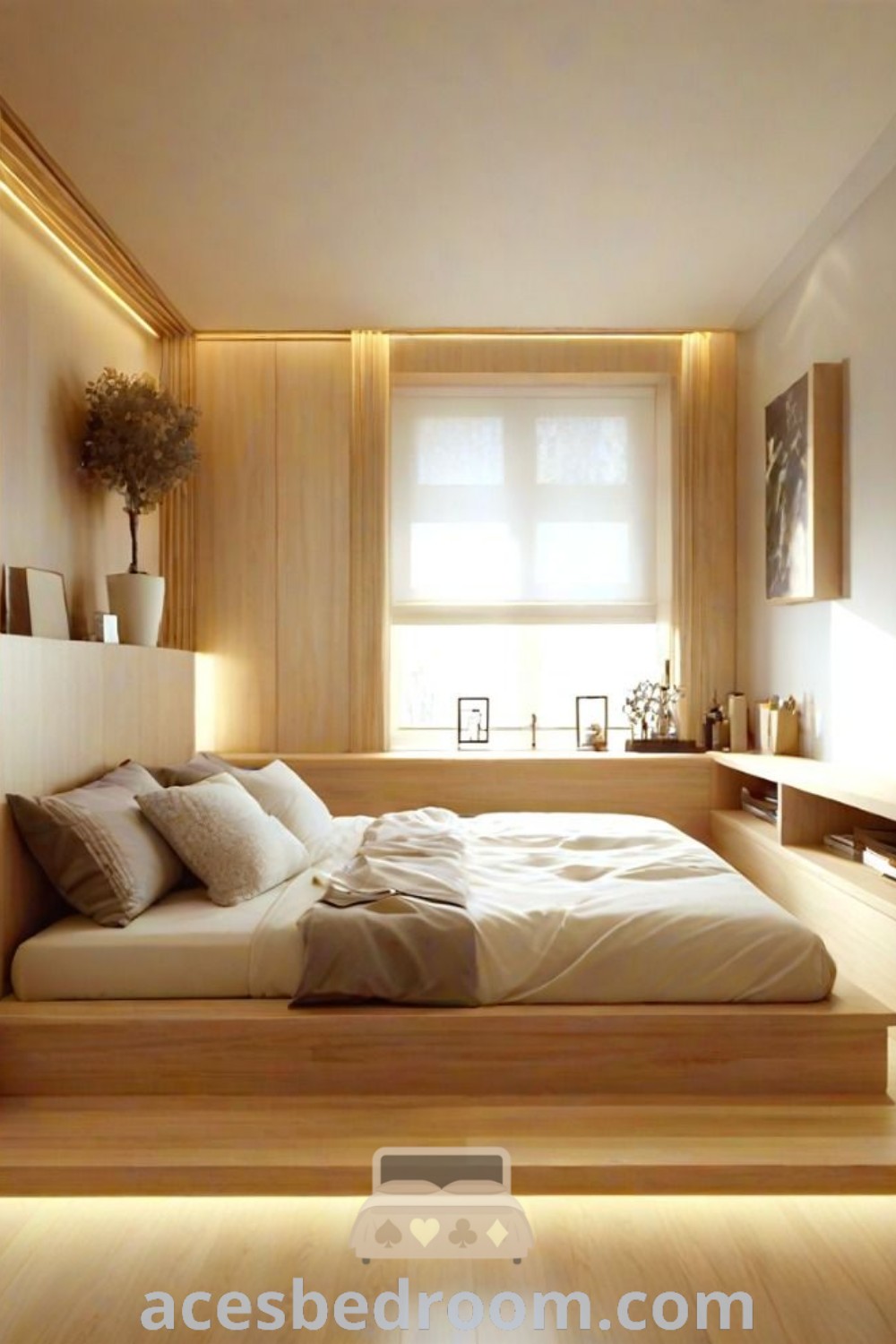A modern Japanese bedroom showcasing a bed on a wooden platform for a minimalist aesthetic. This design features elements of cozy Japanese style and Japandi bedroom design, offering unique decor ideas to inspire your home. Discover more stylish inspirations at acesbedroom.com.