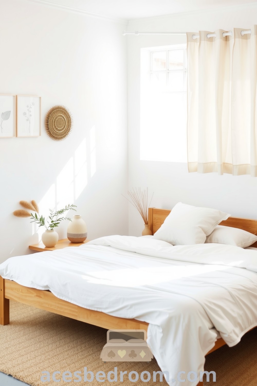 Cozy Japandi bedroom featuring white walls, a warm wooden bed frame, soft linen bedding, minimalist decor including a potted plant and a handcrafted vase, enhanced by sunlight filtering through linen curtains for a serene and inviting atmosphere, showcased on acesbedroom.com.