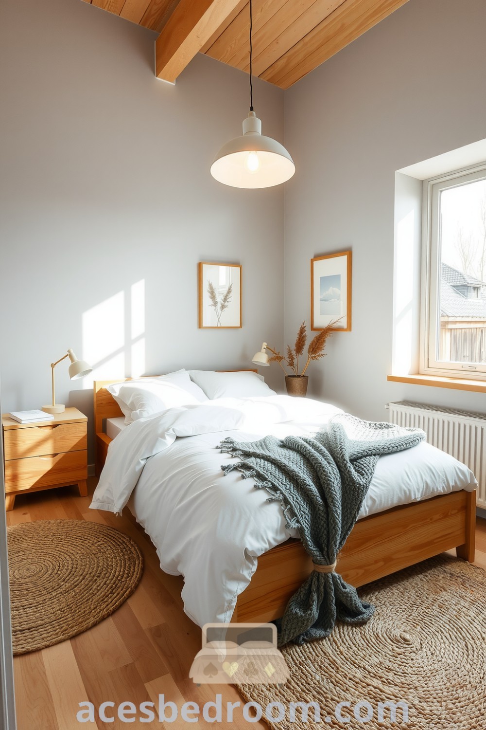 Cozy Scandinavian bedroom featuring light gray walls, natural wood tones, a simple bed with white linens, a chunky knit throw, minimalist nightstands, and a woven jute rug, creating a tranquil and inviting atmosphere, showcased on acesbedroom.com.