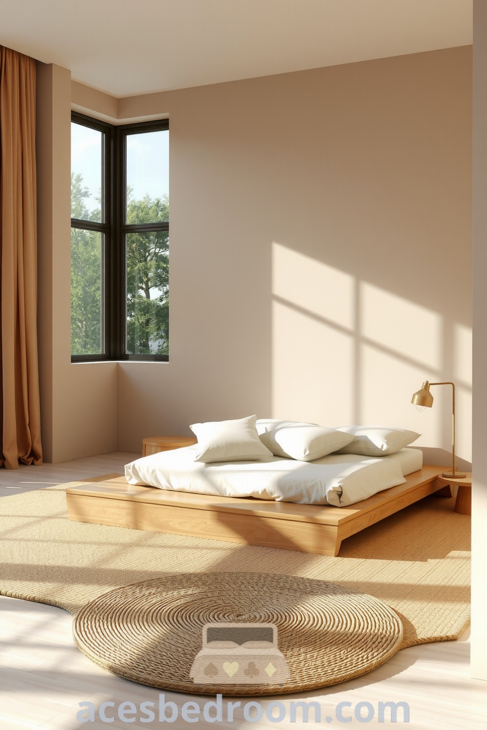 Cozy minimalist bedroom featuring a low wooden platform bed, soft beige walls, neutral cushions, woven jute rug, and large windows for natural light, creating a tranquil atmosphere perfect for relaxation, showcased on acesbedroom.com.