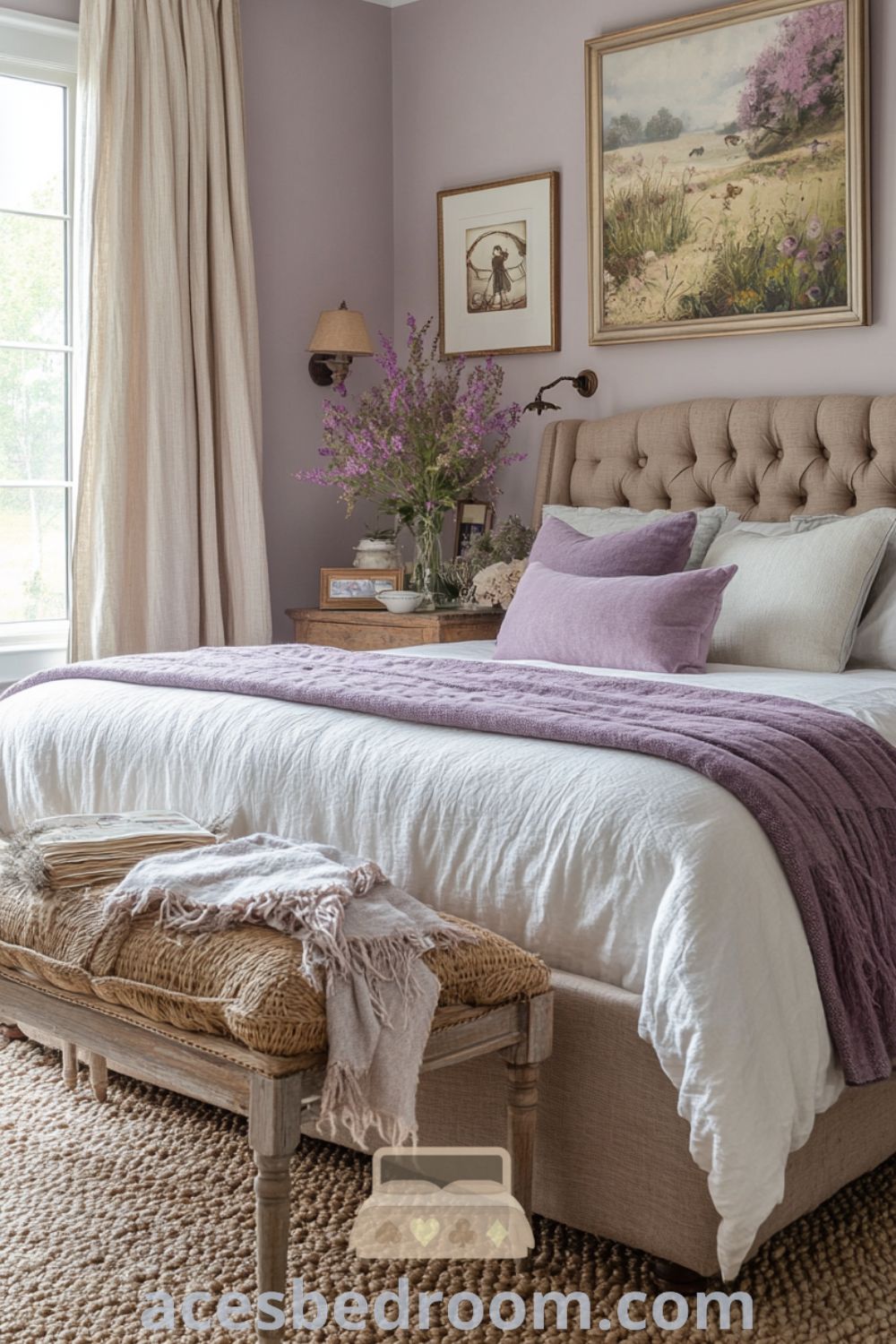 Tranquil modern French country bedroom on acesbedroom.com featuring soft purple tones, cozy ideas, rustic wooden accents, and inspiring decor elements.