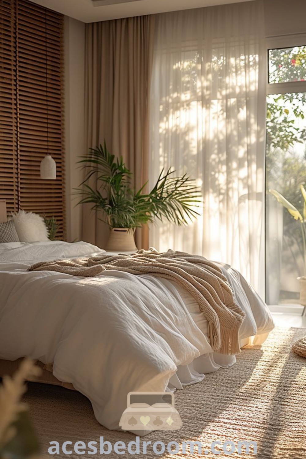 A spacious bedroom featuring a large bed beside a window with curtains on both sides, illustrating cozy home design ideas. This scene captures a stylish bedroom curtain aesthetic, perfect for creating a warm and inviting atmosphere. Find more decor inspirations at acesbedroom.com.