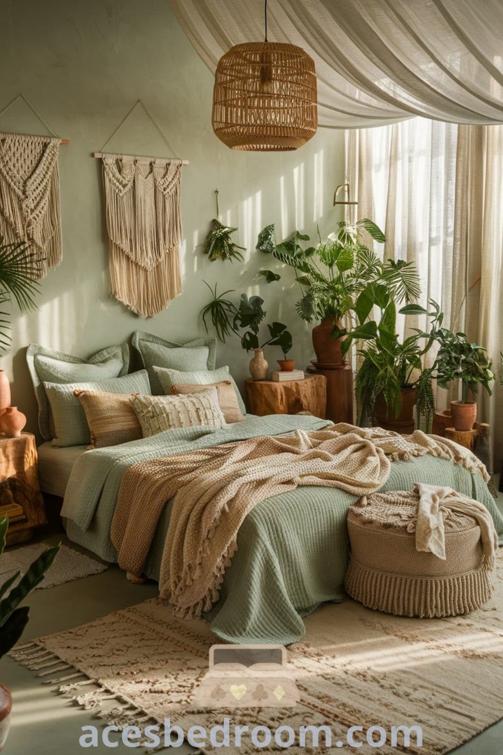 A cozy boho bedroom with sage green decor, a neatly made bed, and plenty of plants, offering stylish design ideas for comfort and tranquility. Explore green and cream boho bedroom inspirations at acesbedroom.com.