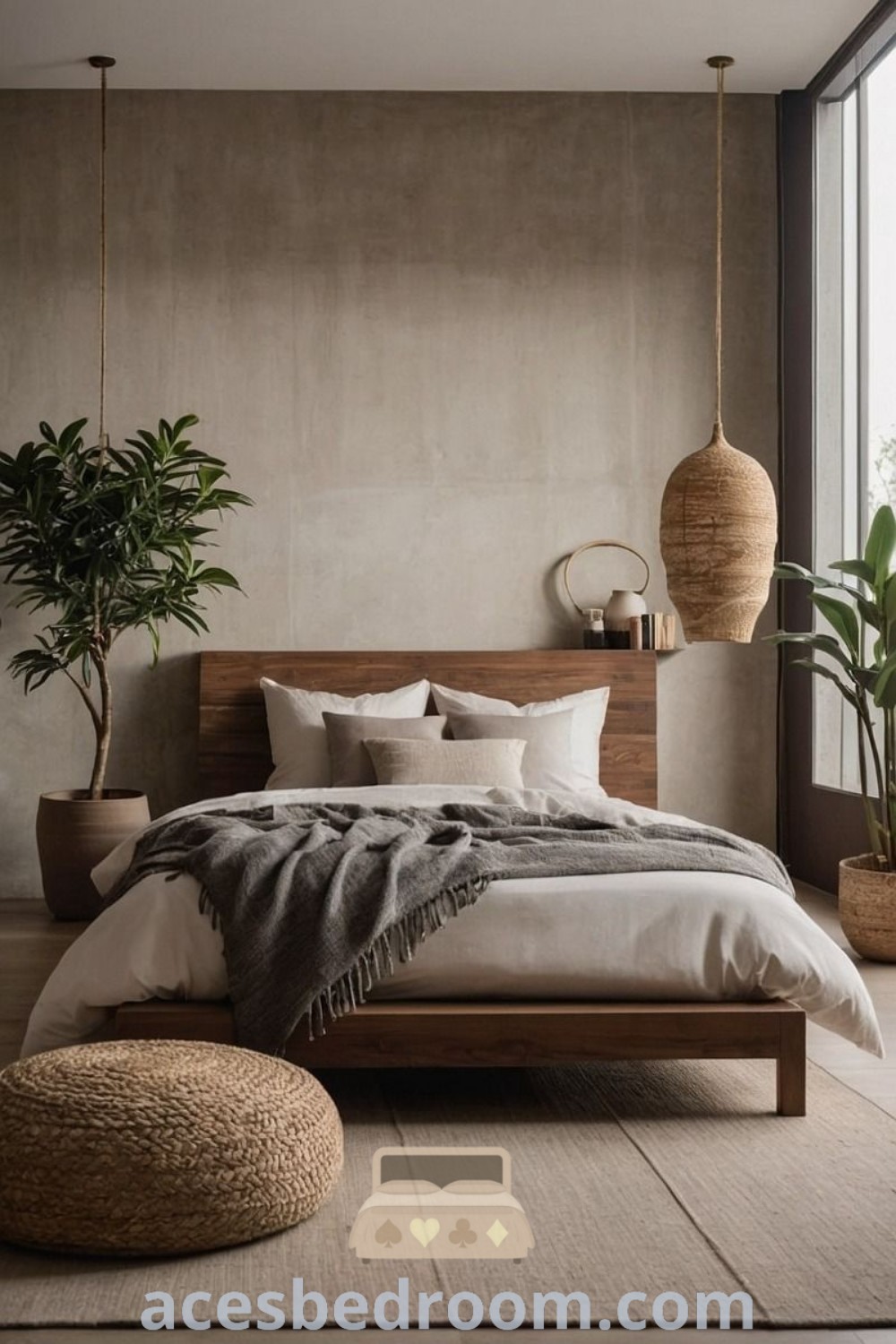 A cozy Scandinavian interior bedroom with a large bed next to a window, adorned with plants on the wall. This stylish bedroom showcases modern minimalist and Japandi design elements, featuring layered bedding and decor ideas that inspire warmth and sophistication. Explore more unique ideas at acesbedroom.com.