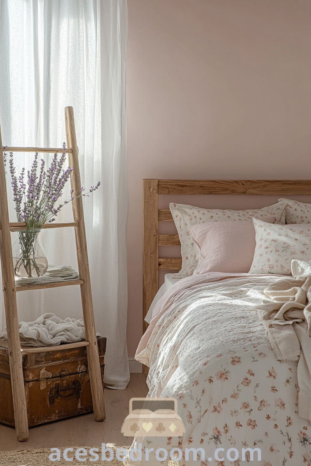 Cozy modern French country bedroom featuring soft pink walls, a vintage wooden bed frame, blush linen duvet, rustic ladder, and a vintage trunk, providing stylish decor ideas and inspirations for a warm and sophisticated look, showcased on acesbedroom.com.