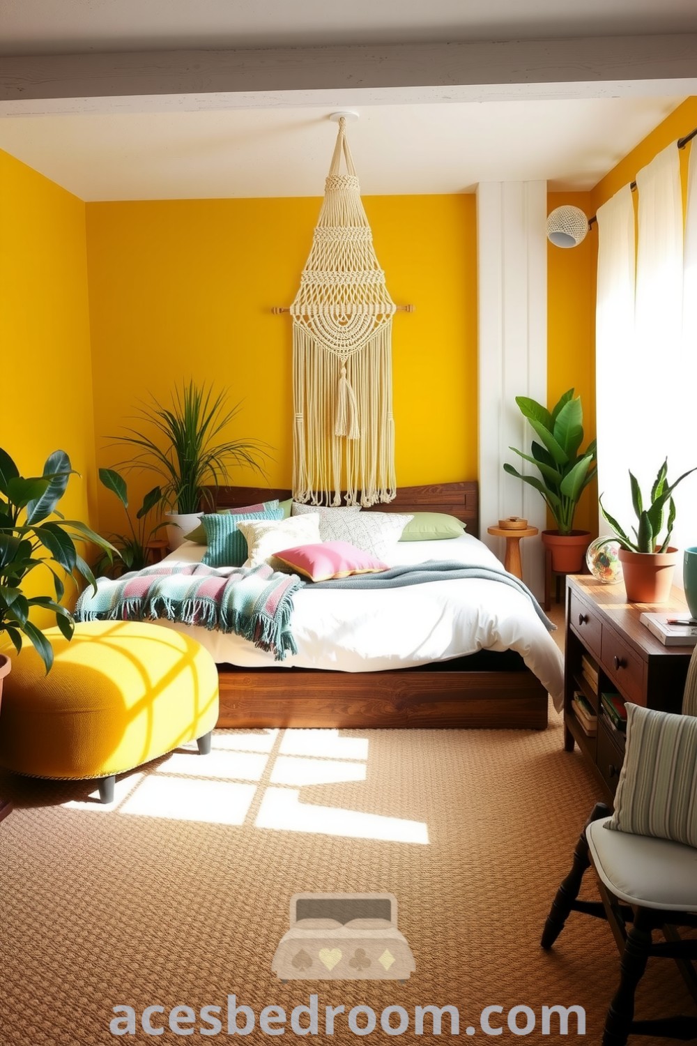 Cozy boho bedroom featuring soft yellow walls, a plush bed with colorful pillows, macramé decor, and lively potted plants, creating an inviting atmosphere showcased on acesbedroom.com.