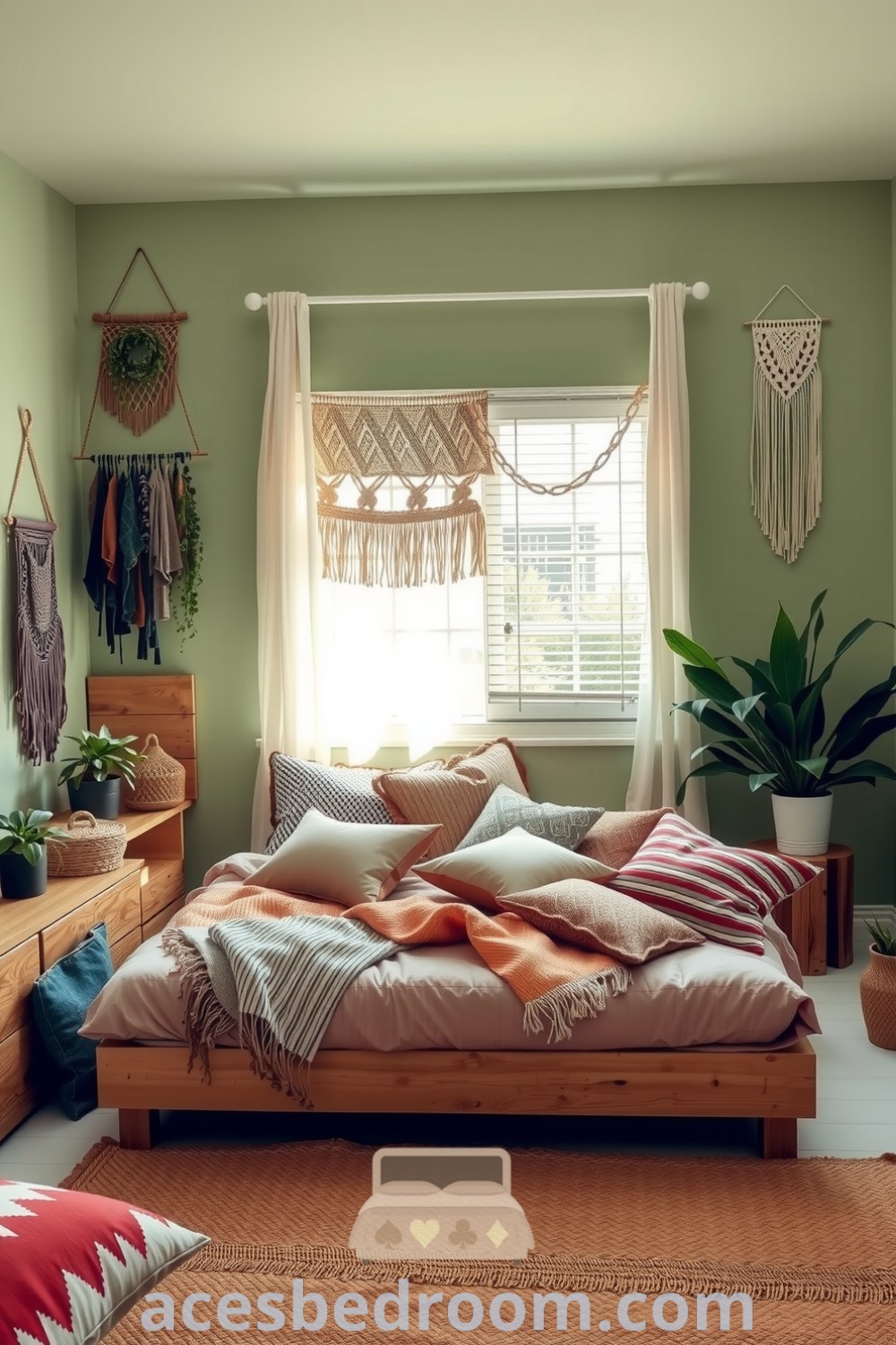 Cozy boho bedroom with soft green walls, a low wooden platform bed layered with earth-toned quilts and pillows, macramé wall hangings, potted plants, and a jute rug, featuring gentle sunlight filtering through sheer curtains, showcased on acesbedroom.com.