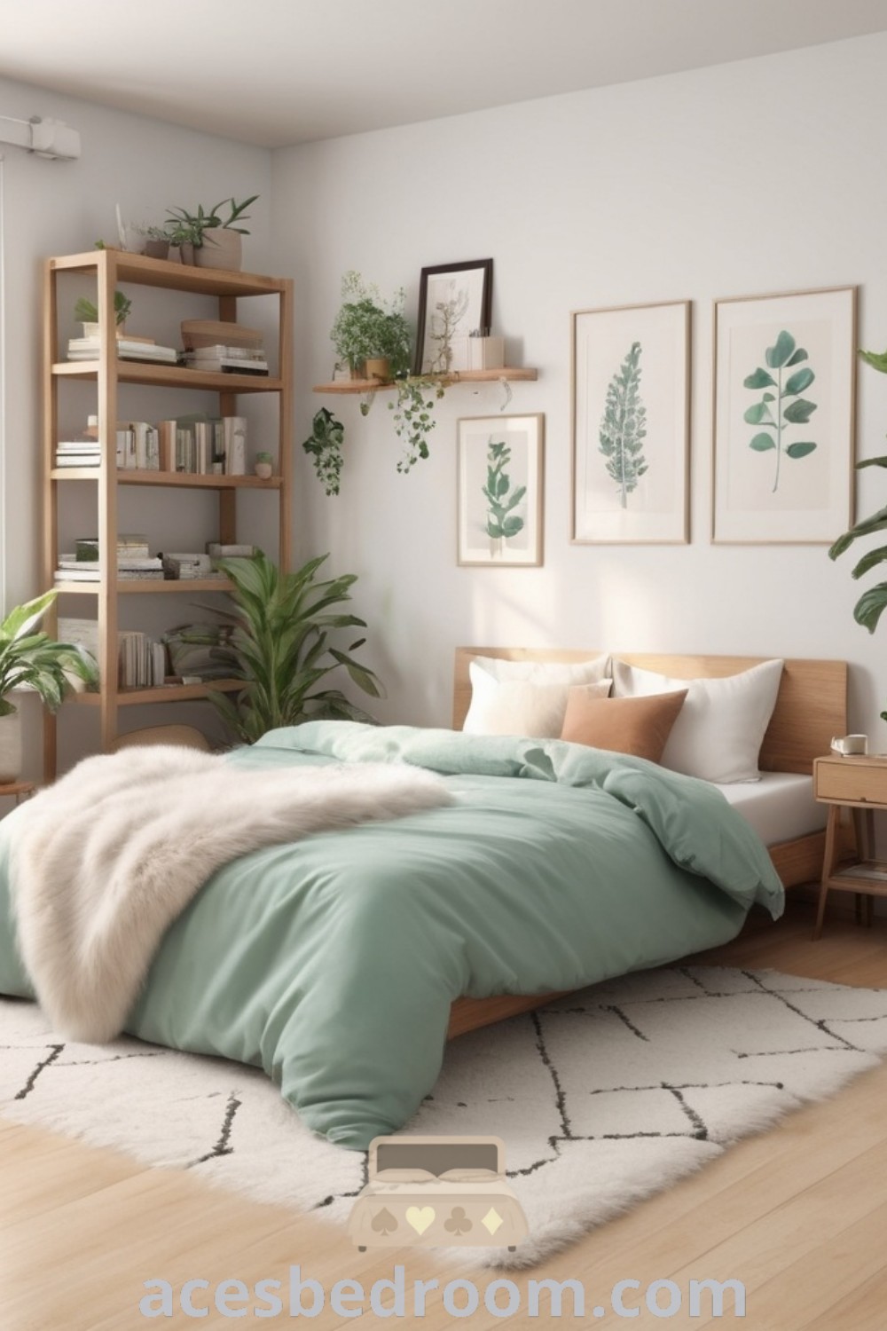 A cozy bedroom with white walls, light wooden floors, and greenery, perfect for cozy small bedroom ideas and boho chic decor inspirations. The warm atmosphere provides a tranquil setting, offering stylish design tips and ideas for your home at acesbedroom.com.