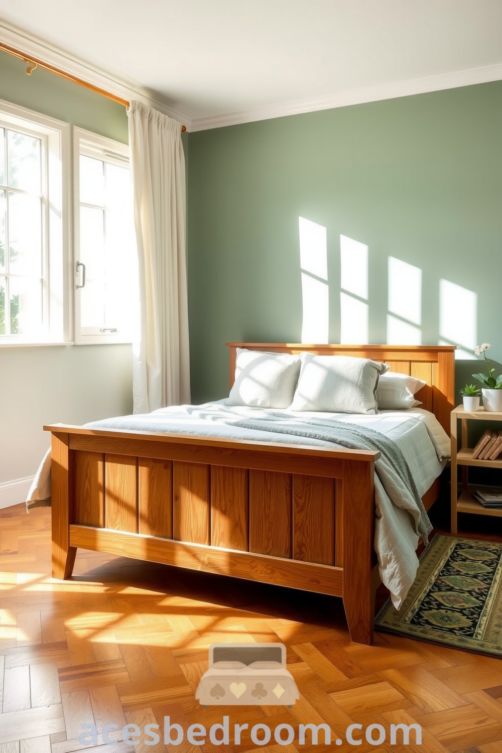 Cozy nature-inspired bedroom featuring soft green walls, a sturdy oak bed, leaf-patterned duvet and pillows, warm wooden floors, and a potted plant on a reclaimed wood bedside table, for a serene and inviting atmosphere, showcased on acesbedroom.com.