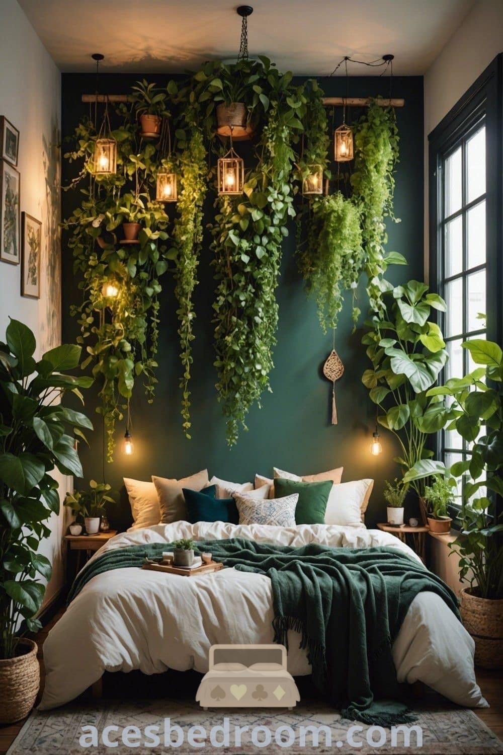 A cozy jungle bedroom adorned with lush green plants around the bed and wall-mounted lights. This boho style bedroom embodies a forest-inspired aesthetic, showcasing green walls and trendy decor ideas that