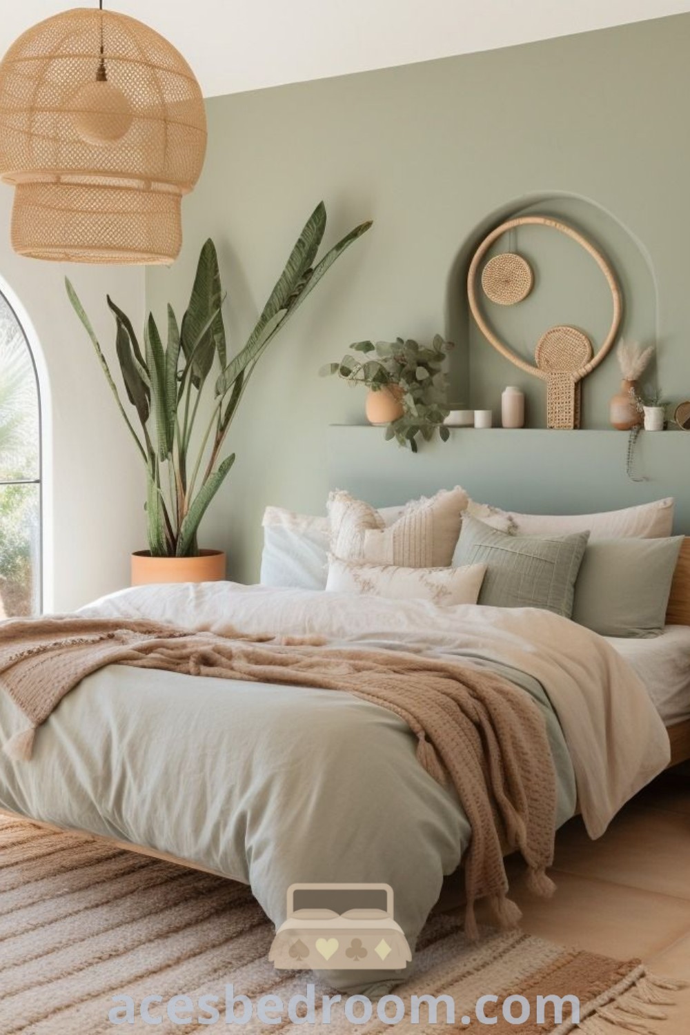 A serene Sage Green Bedroom showcasing green walls, white bedding, and potted plants on the wall. This cozy space provides stylish decor ideas and inspirations for creating a Boho bedroom that promotes relaxation. Discover more design ideas at acesbedroom.com.