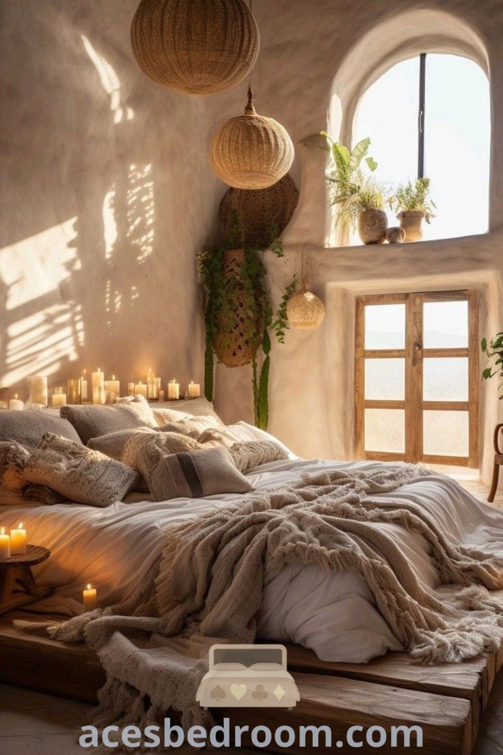 A modern Tuscan bedroom with a large bed next to a window, filled with natural light and cozy decor ideas. This inviting space showcases elements of desert style decor and masculine boho aesthetic, making it perfect for stylish and inspiring home designs. Discover more inspirations at acesbedroom.com.
