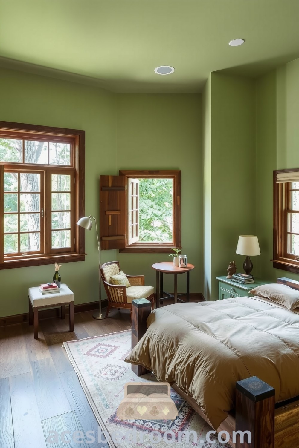 Cozy nature-inspired bedroom featuring sage green walls, a reclaimed timber bed frame, earthy-toned duvet, and large windows with wooden shutters, designed for a calming retreat, presented on acesbedroom.com.