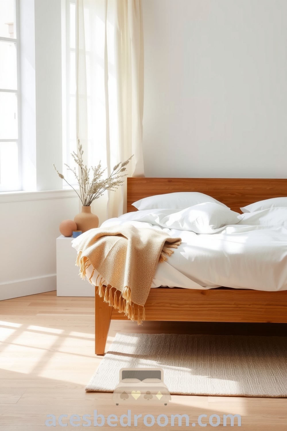 Cozy Japandi bedroom featuring a minimalist wooden bed frame, soft cream bedding, and linen curtains that create a tranquil atmosphere, with warm natural textures for inspiration on acesbedroom.com.