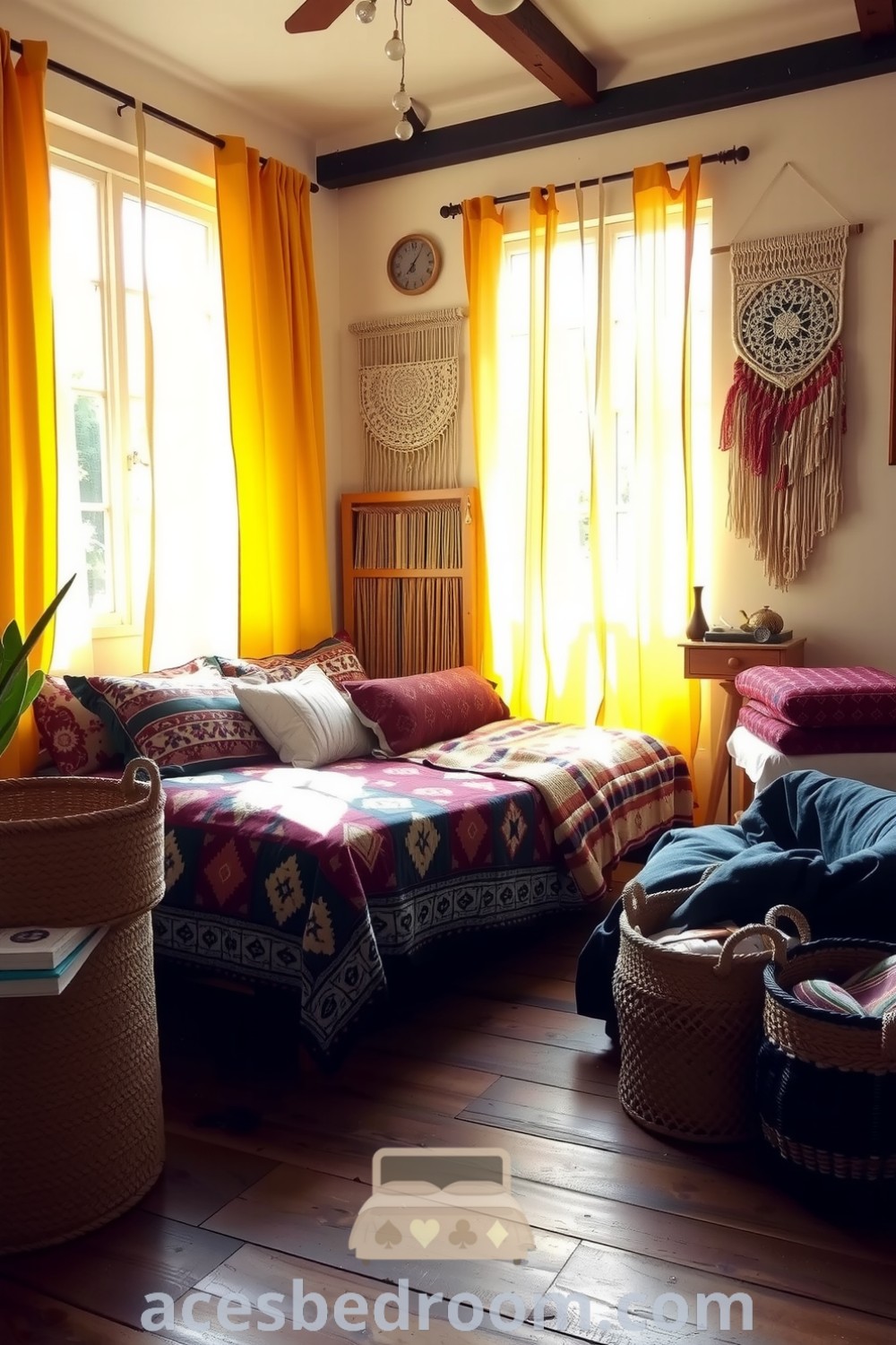 Cozy boho bedroom featuring sunlight through sheer yellow curtains, intricate quilt patterns, macramé wall hangings, and woven baskets, creating a warm and inviting atmosphere, shared on acesbedroom.com.