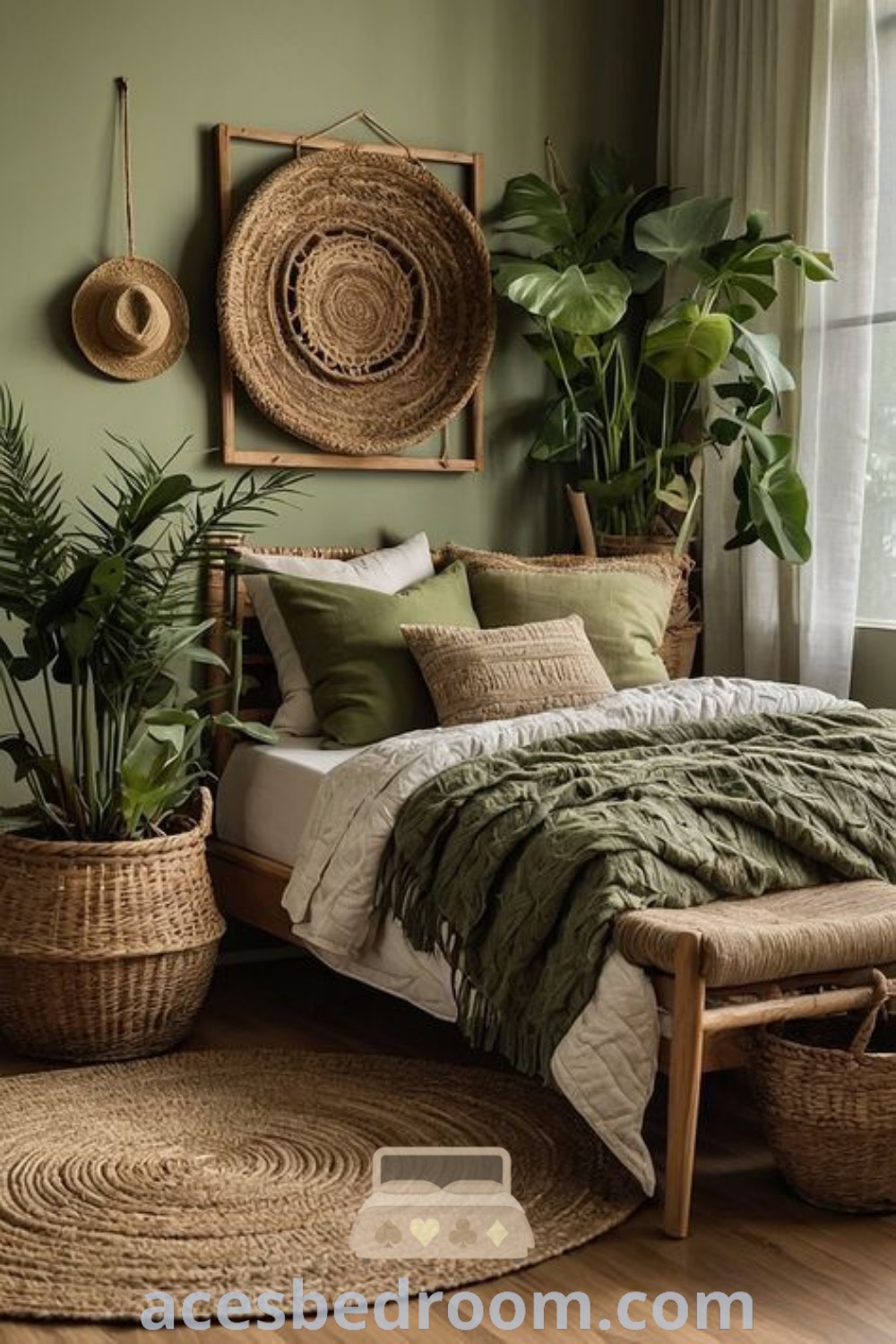 A cozy bedroom with sage green walls, plants in baskets, and wicker furniture creates an inviting atmosphere. This space exemplifies earthy decor ideas, blending sage green and tan aesthetics for a warm look. Explore more design inspirations at acesbedroom.com.