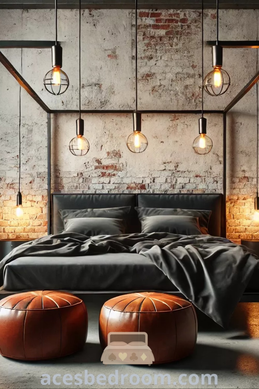 An industrial master bedroom with brick walls, an iron bed frame, leather foot stools, and hanging lights, showcasing cozy design ideas that blend modern aesthetics with functionality. Explore more inspirations at acesbedroom.com.