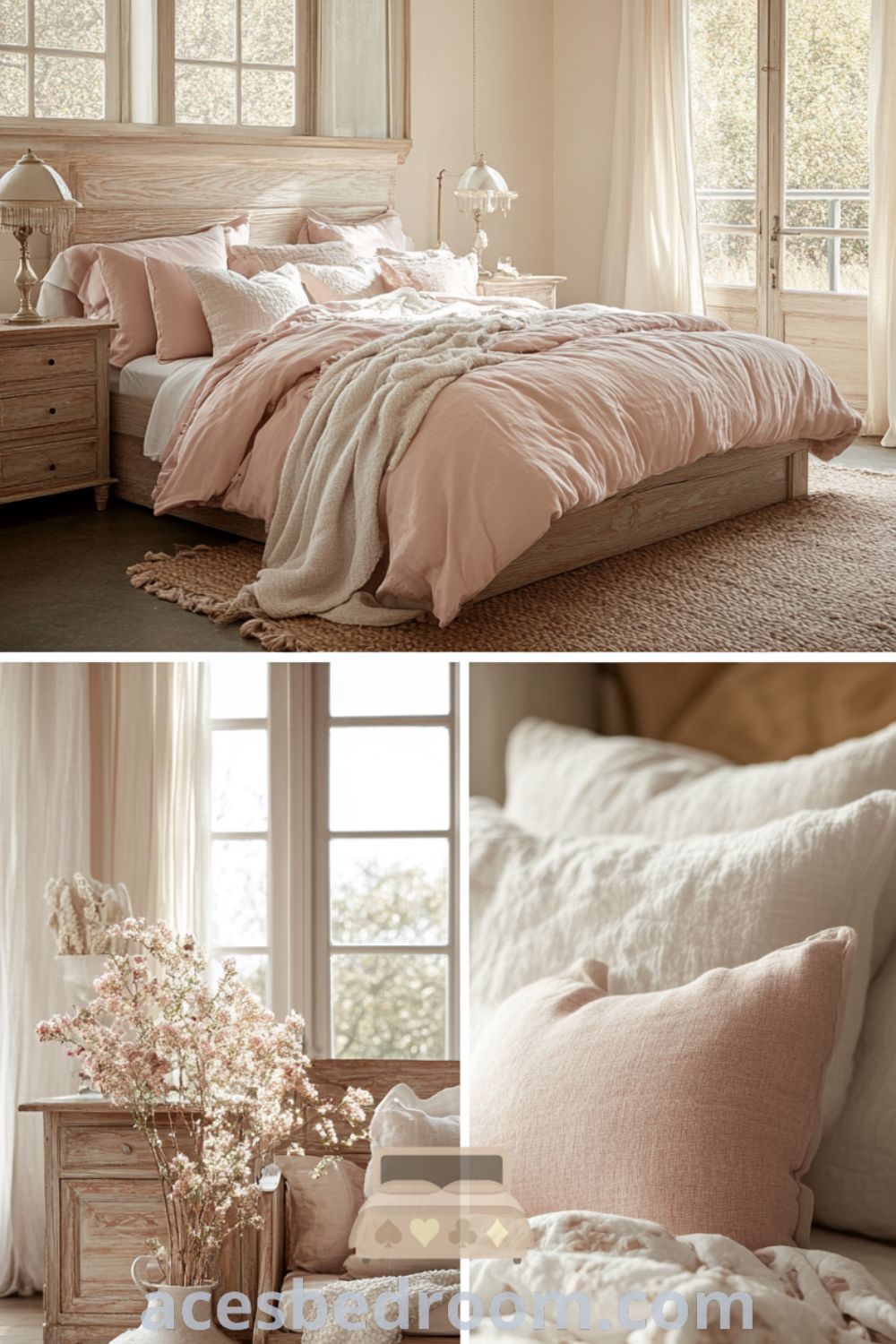 Cozy French country bedroom featuring soft pink walls, a wooden bed frame, layered bedding, antique bedside tables with lamps, and an area rug, offering design ideas for a warm and sophisticated look, showcased on acesbedroom.com.