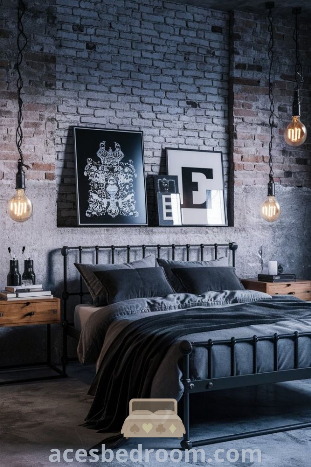 An industrial bedroom featuring brick walls, exposed lighting, a black iron bed frame, and gray linens, exemplifying modern industrial design. This cozy space offers stylish tips and design ideas for creating a warm and sophisticated look. Explore unique inspirations for your home at acesbedroom.com.