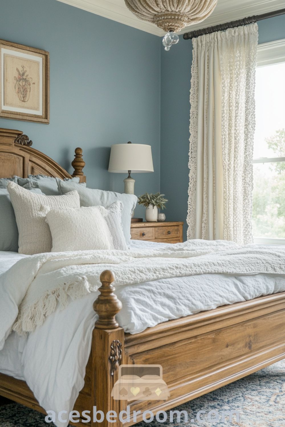 Cozy French country bedroom with soft blue walls, sturdy wooden bed frame, fluffy white duvet, delicate lace curtains, vintage dresser, and ceramic lamps, showcasing charming decor inspirations for a warm and sophisticated look, presented on acesbedroom.com.
